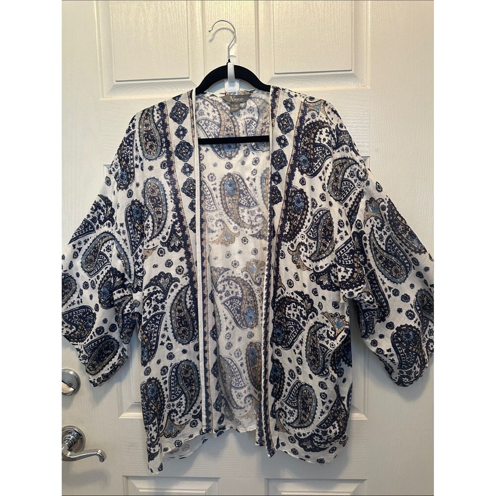 Natural Reflections Boho Paisley Oversized Kimono Blue & Tan swim Coverup L/XL